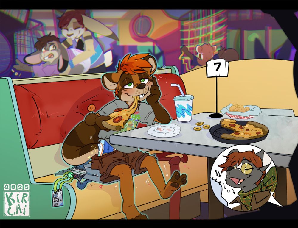 A furry adult beaver kangaroo hybrid going to a kid's pizzeria and play place, unaware that they have regressed to a kid wearing training pants while they sit in a booth eating pizza and having puppy-love for a pizza place staff.