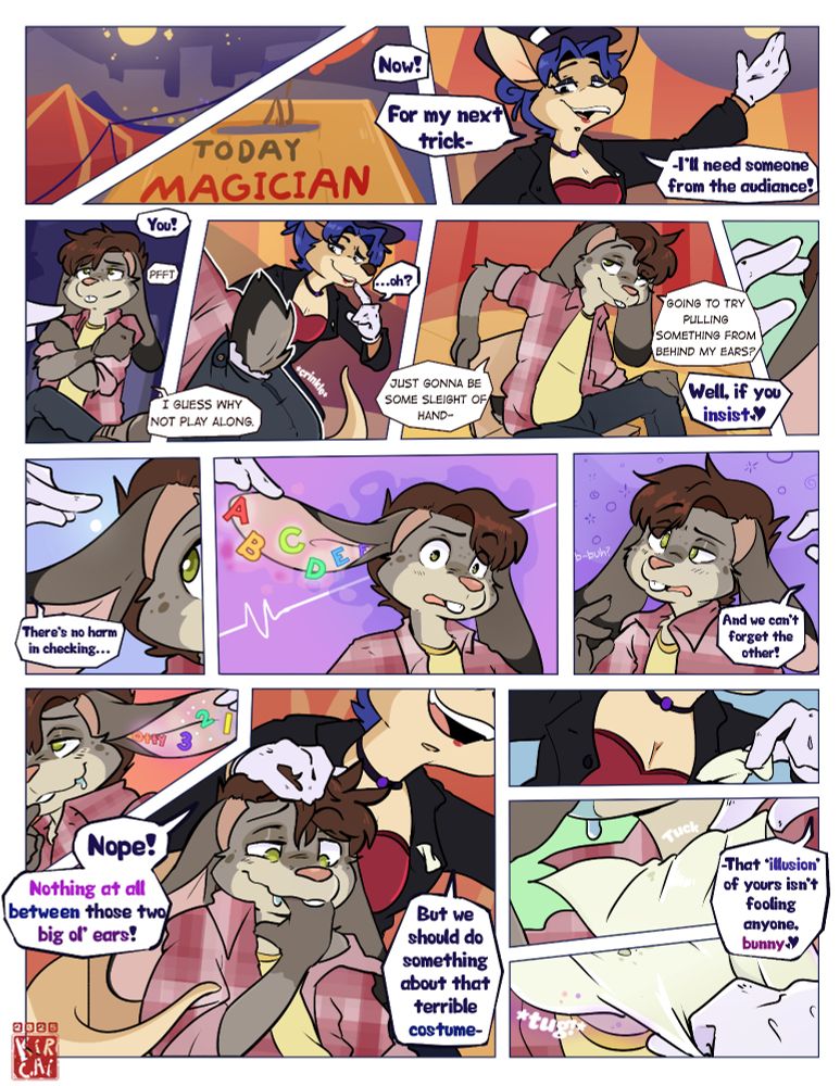 ABDL Babyfur comic of a rabbit being age regressed into a diaper / pullup / training pants wearing toddler bunny by a kangaroo stage magician and then happily using their diaper on stage in front of an audience. 