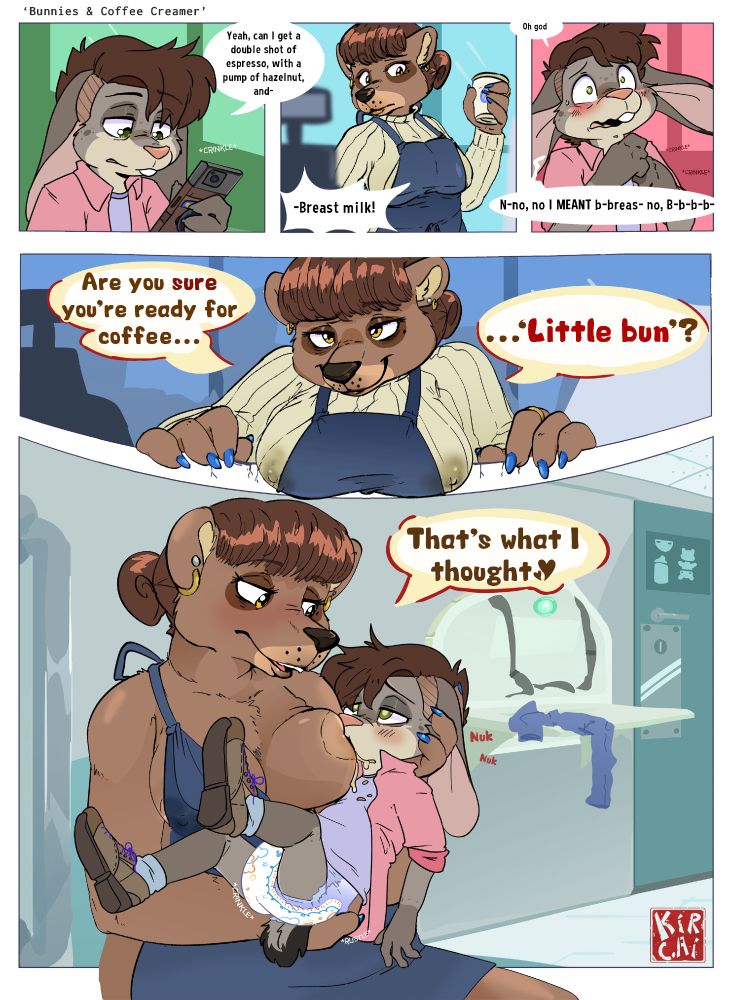 A furry abdl babyfur comic of an adult rabbit idly ordering coffee while on their phone, only to look up and see a large breasted bear woman and blurt out 'Breast Milk'.

The comic ends with both in the restroom, the bunny's pants off revealing the diaper they were already wearing, as the bear happily breastfeeds them.
