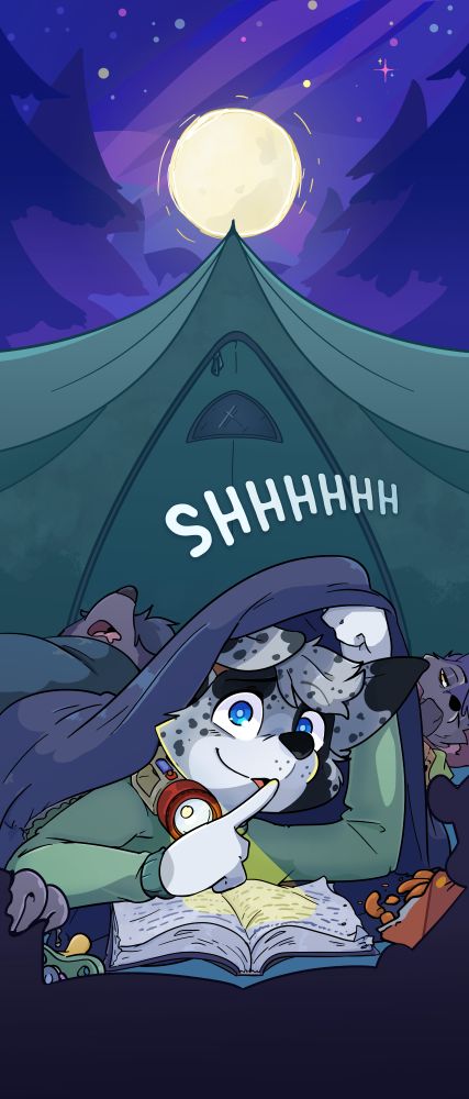An image of Merle, a BFC mascot, reading a book at night in a tent while his campmates sleep. A package of night diapers, pacifier, and teddy bear are in view.