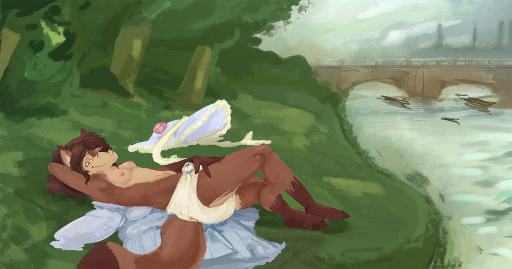 The same furry fox lady, still in a slightly impressionist inspire painting style, lounging in just a diaper.