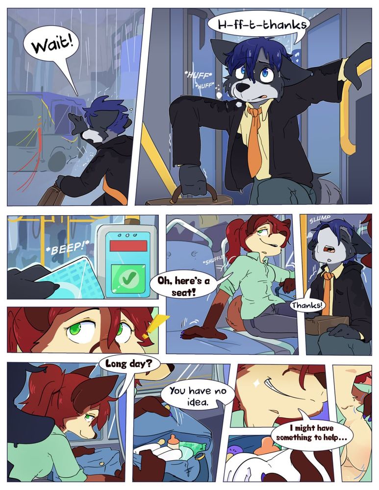 Substar comic, ABDL babyfur, a raccoon adult fur is running in the rain to try and catch the bus.

Exhausted and soaked he manages to get in, and an overly friendly fox woman moves over to offer him a seat next to her. She starts asking about his day, he says it was tough, she smirks and there’s a close up of her diaper bag as she starts undoing her blouse…