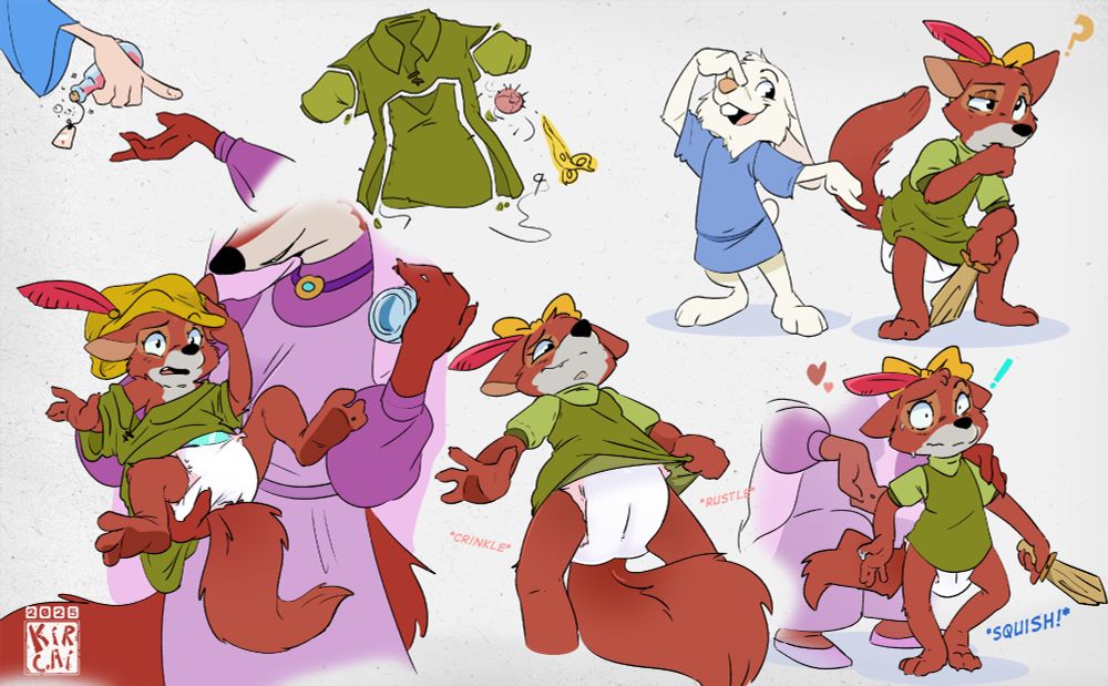 A sketch page sequence of disney's furry fox robin hood being age regressed and transformed into a diaper wearing toddler girl by maid marian.