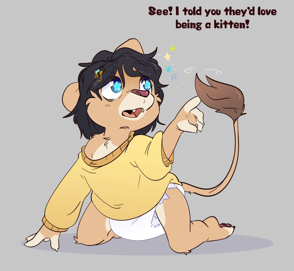 Implied Age regression and transformation of a human enby into a kitten lion wearing a diaper and playing with their tail.

AR TF non-binary furry babyfur