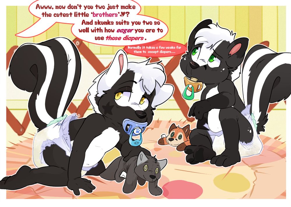 Toya and Swiffer, age regressed and transformed into skunks, sitting on a rug behind a baby playpen fence in well used diapers. They're holding toys of their old fursona designs, with the person who regressed them talking over them offscreen.
