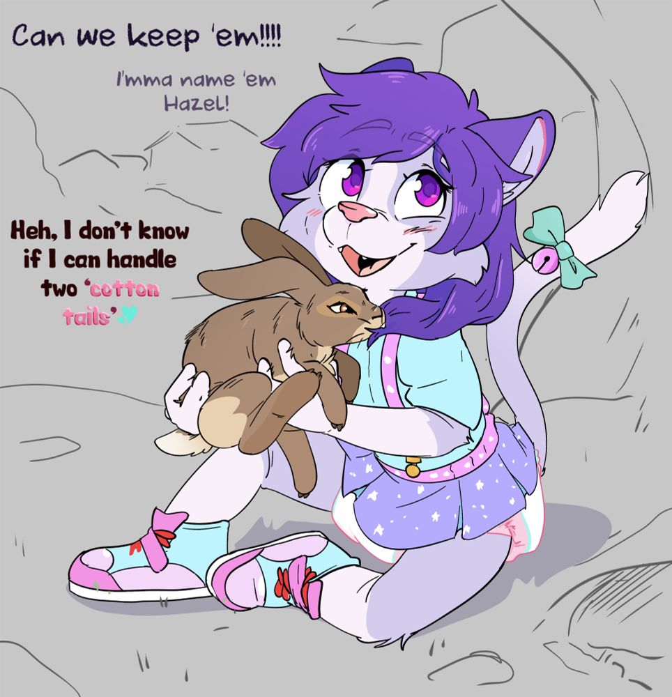 A diapered kidfur kitten in skirtalls holding a rabbit and asking if she can keep it, making them Hazel.

Babyfur age play 