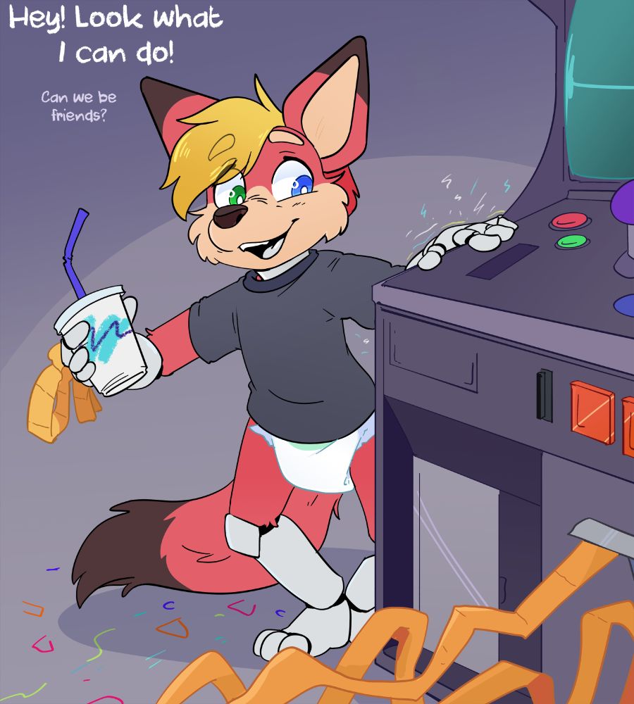 Icarus, a robo-kidfur wearing a shirt and a diaper while playing in an arcade. They show off being able 'hack' the arcade machines to shoot out tickets, asking if they can be friends with you.
