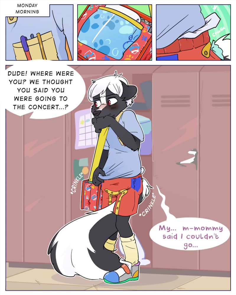 The same adult furry skunk, now the next day in school, wearing ABDL babyfur clothing with a very obvious diaper saying he couldn't go to that concert because 'my mommy said I couldn't.' and looking very embarrassed. 