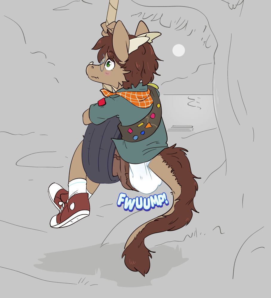 A middle space tween furry dragon, Star, wearing a scout uniform and playing in a tire swing. He is surprised by suddenly using his now exposed diaper.

Age play ABDL diaper messing mess usage full.
