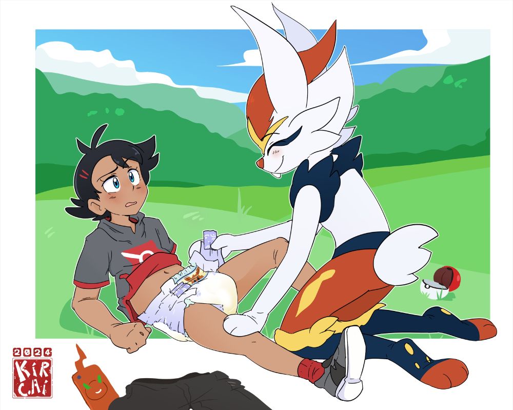 The pokemon cinderace changing Goh's wet diaper.