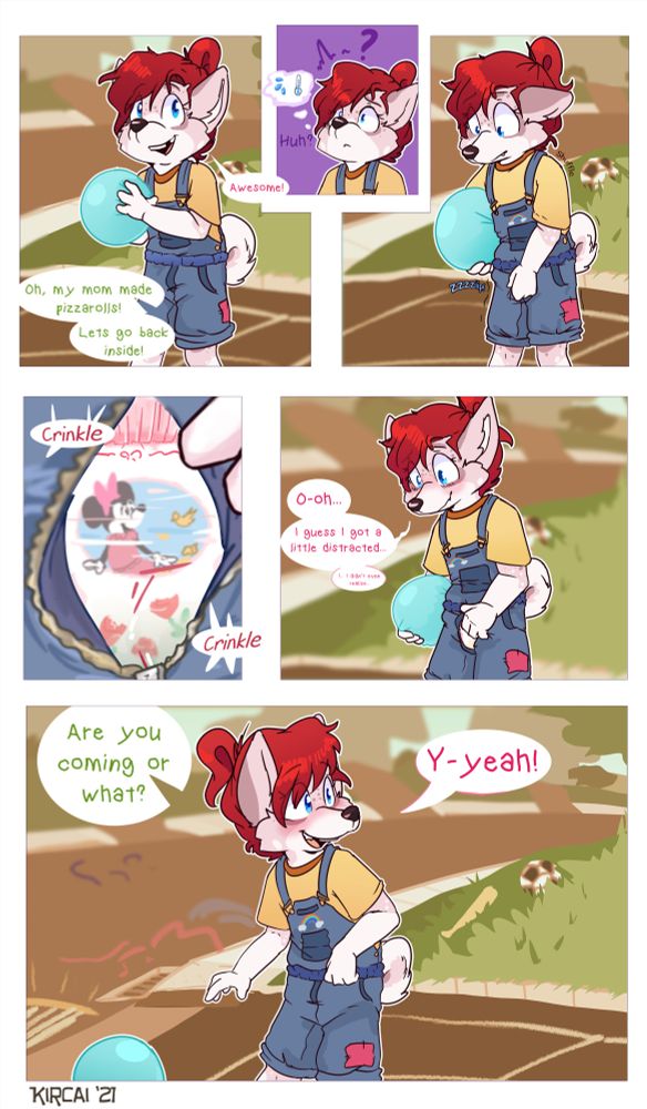 A pink furry husky girl, implied to have recently been age regressed, playing four-square with neighborhood kids only to be interrupted by the offer of pizzarolls.

As she moves she realizes her pull-up training pants are wet without realizing it. A bit bashful about it, she quickly overlooks it to get back to playing...