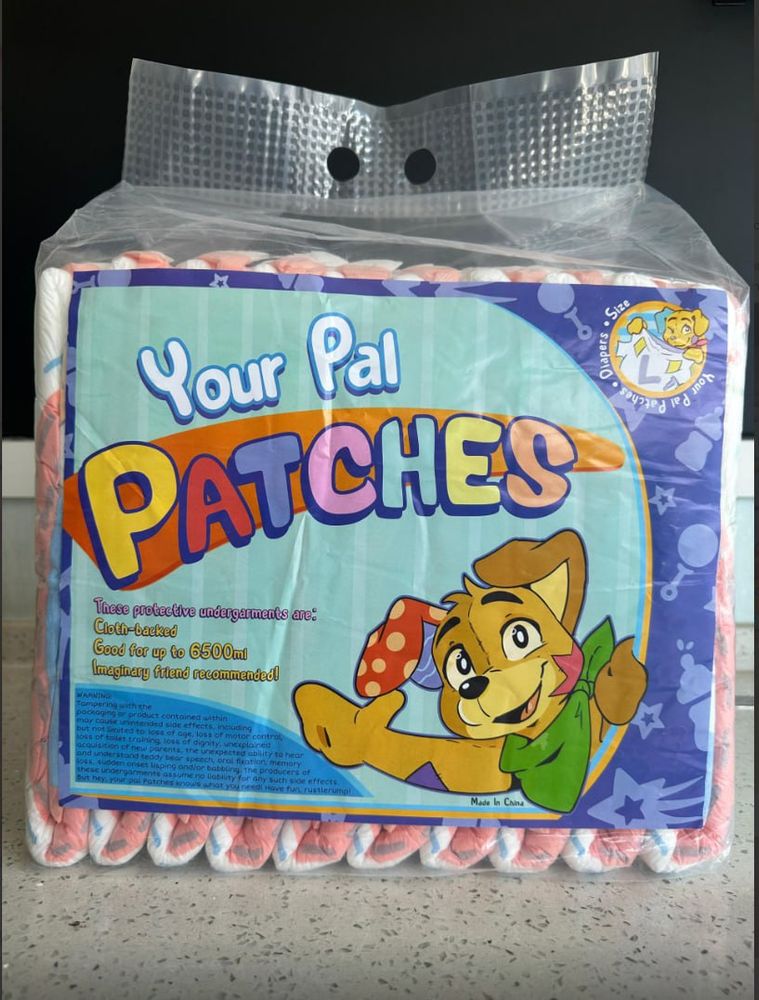 The packaging for the abdl babyfur diapers Your Pal Patches