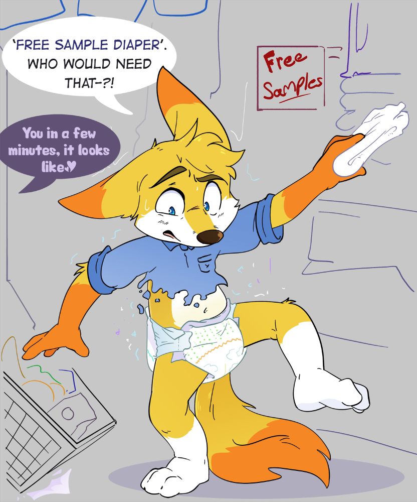 Babyfur Age regression piece of Hunter, an adult fennec fox, shopping at the grocery store and commenting on a 'free sample diaper!' display, before they suddenly find themselves regressing to a toddler wearing a diaper as their clothes magically disintegrate away.

Off screen a voice comments that they'll probably need the free sample soon.