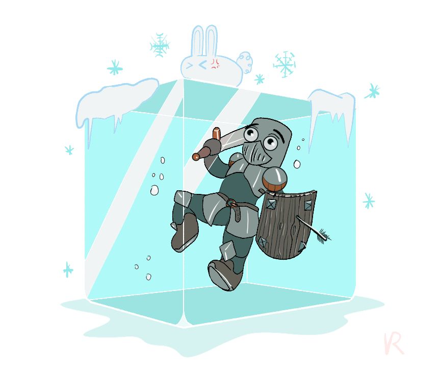 a knight frozen in a block of ice, an angry little ice bunny sits on top of the ice