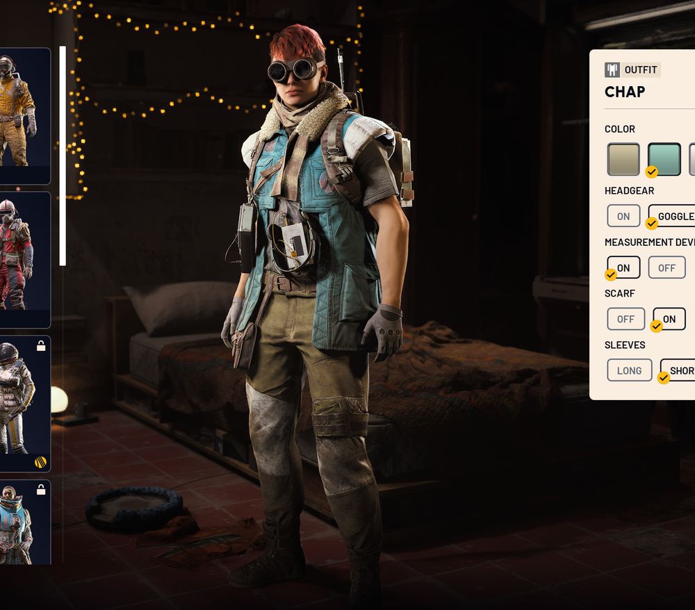 My character from arch raiders with a red and orange pho hawk, some round welding goggles, a teal vest with a gray short sleeve underneath and green cargo pants, he has a slim build and is also carrying radio equipment on his back