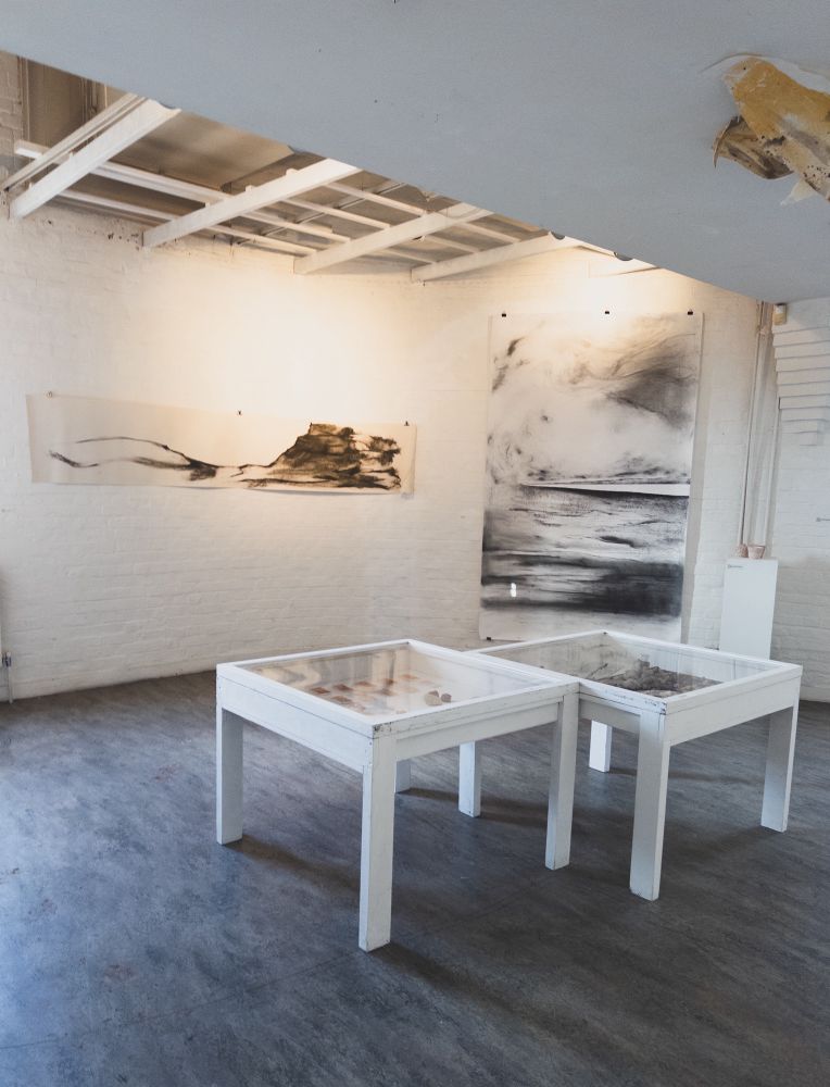 An exhibition with two cases and large drawings behind all connected with landscapes 