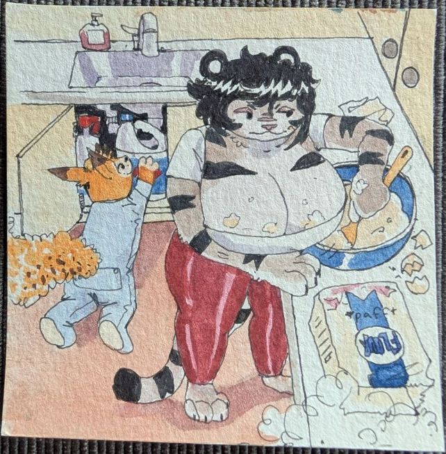 yiri is making a cake, completely unaware of the unattended child (bandit pipsqueak) who just opened the kitchen chemical cabinet!! uhh oh!!! yiri is mixing ingredients in a bowl & just knocked a bag of flour over with er big ass boobies . pip squeak is about to grab a bottle of bleach behind her! uh oh! art by poodlewool