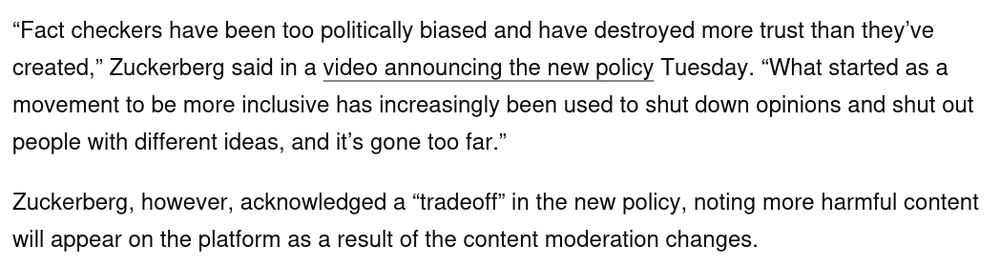 

In a number of sweeping changes that will significantly alter the way that posts, videos and other content are moderated online, Meta will adjust its content review policies on Facebook and Instagram, getting rid of fact checkers and replacing them with user-generated “community notes,” similar to Elon Musk’s X, CEO Mark Zuckerberg announced Tuesday. 