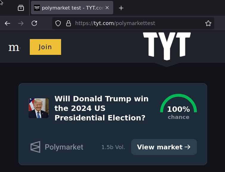 Screenshot from https://tyt.com/polymarkettest showing 100% on a PolyMarket item titled "Will Donald Trump win the 2024 US Presidential Election?"