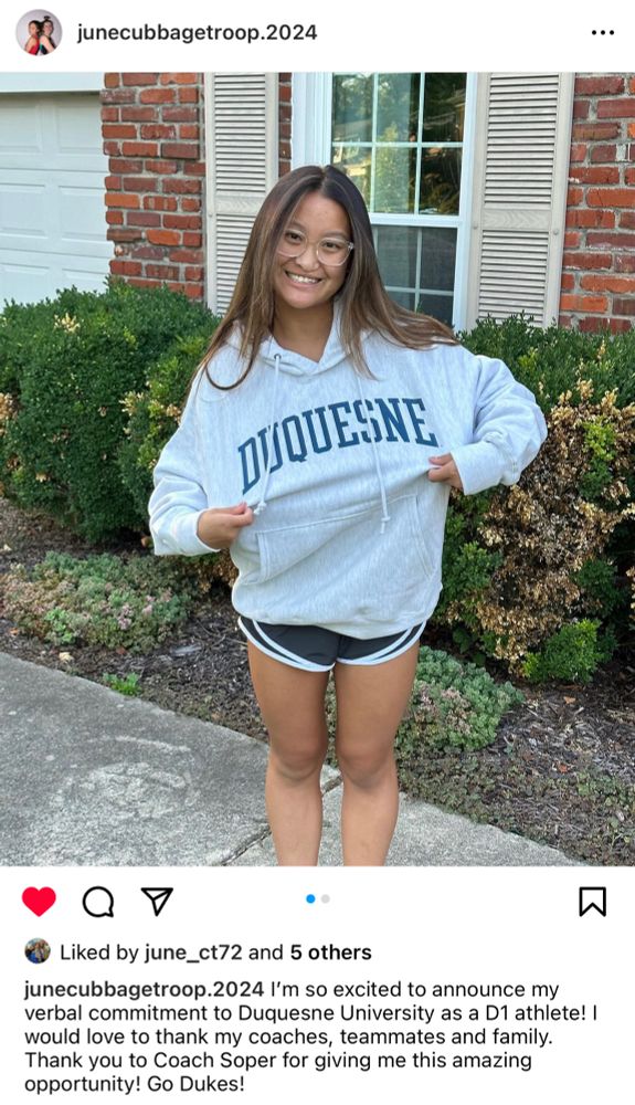 Instagram screenshot of my daughter announcing her verbal commitment to Duquesne University’s initial acro & tumbling team. 