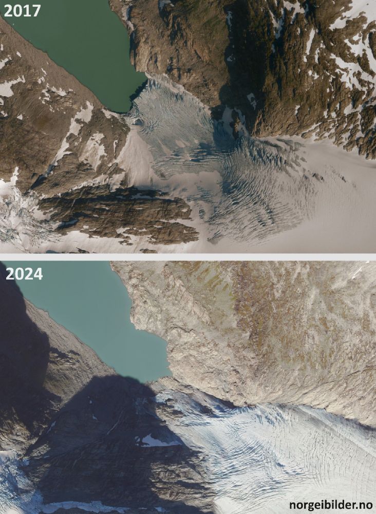 Orthophotos of Erdalsbreen from 2017 and 2024, showing its retreat out of a proglacial lake.