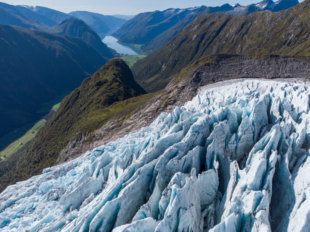 Drone view of the top of the highly crevassed ice avalanche of Supphellebreen.