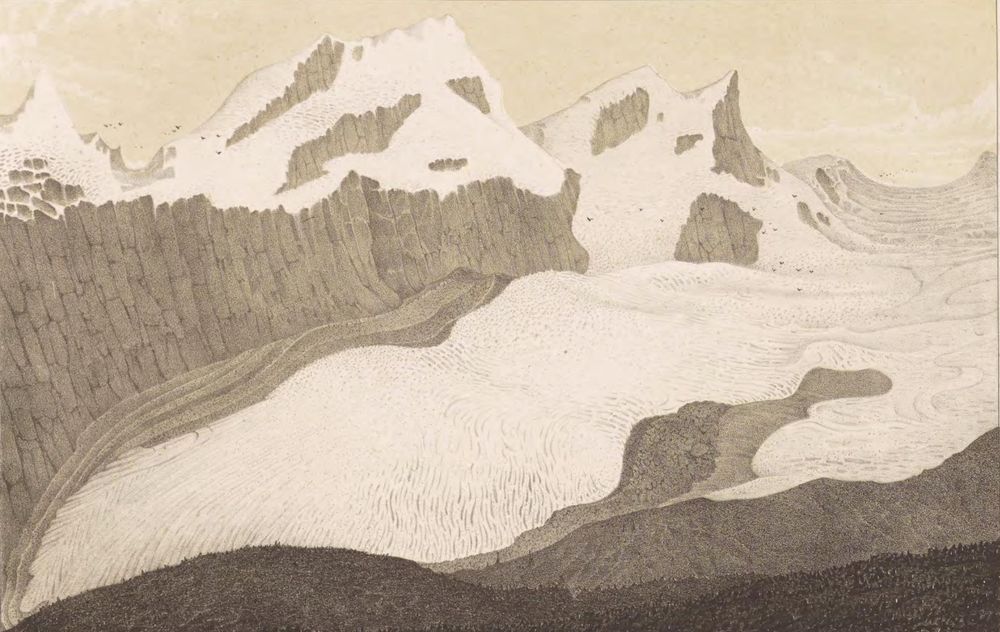 Drawing of Findel Glacier by Agassiz (1840).