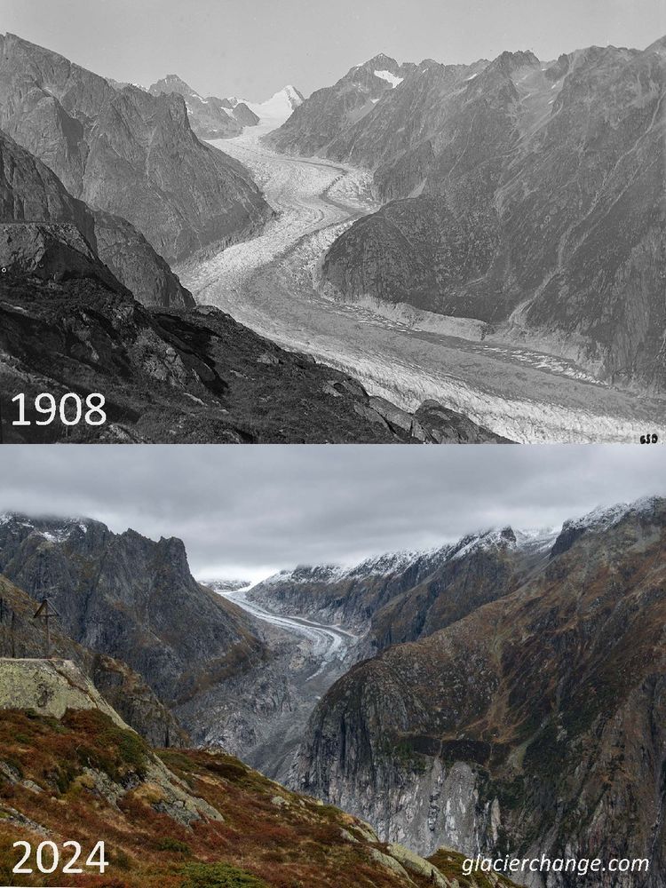 Retreat of Fiesch Glacier from 1908 to 2024.
