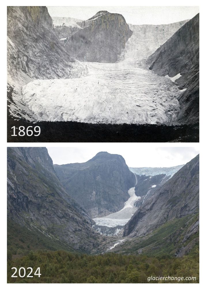 Photos of Brenndalsbreen in 1869 and 2024, showing its retreat into Brenndalen valley.
