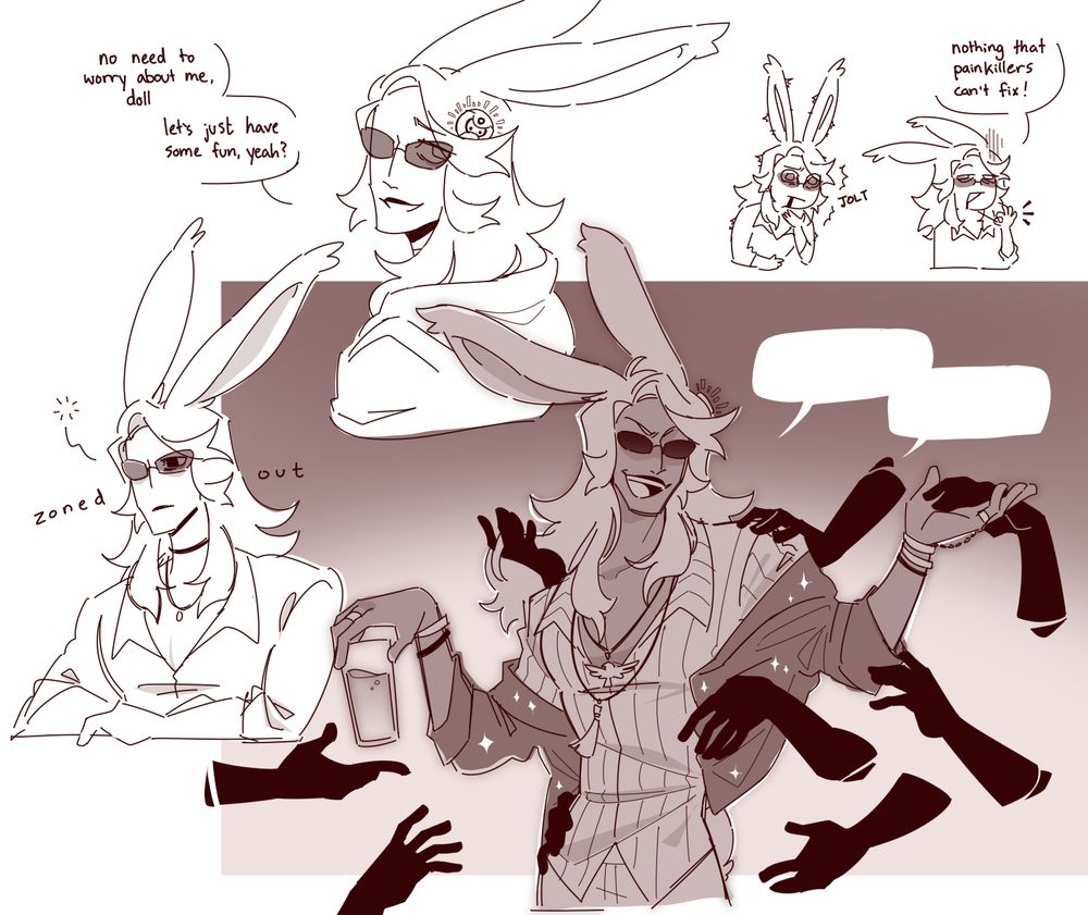 A collection of Dancing Green doodles, once again. The centerpiece doodle features DG at some party junction, socializing as shadowed hands reach for him from multiple angles. He continues chatting on, not allowing any signs of discomfort to show.

Left doodle is DG zoning out, a heavy look in his eyes. Top center-ish doodle is DG looking back with a tired look in his eye, smiling as he says, "No need to worry about me, doll. Let's just have some fun, yeah?"

In the top right corner, DG suddenly jolts in pain as blood trickles from his mouth. In the next doodle, he immediately straightens back up and makes an OK sign with his hand, saying "Nothing that painkillers can't fix!"