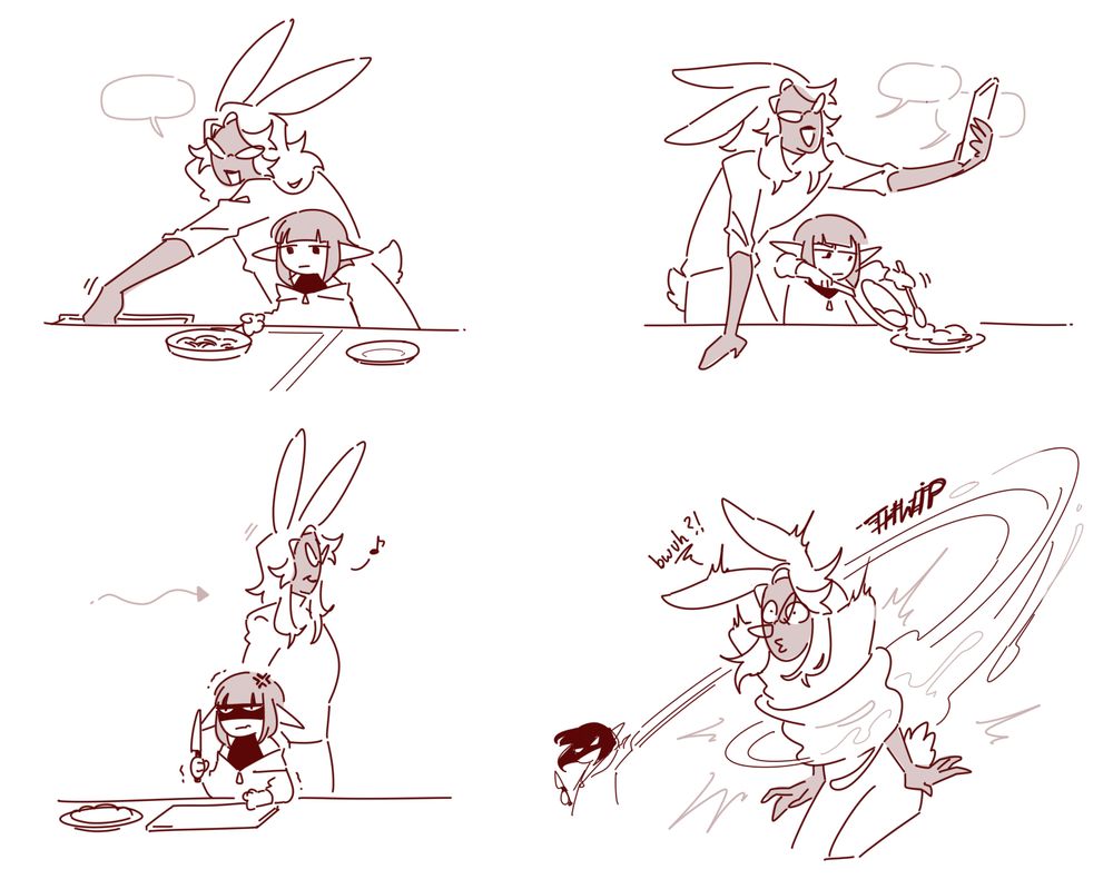 Sugar Riot is cooking while Dancing Green occupies the kitchen with her. She gets fed up with his presence and stretches her arm via slime powers, grabbing DG aggressively from behind.