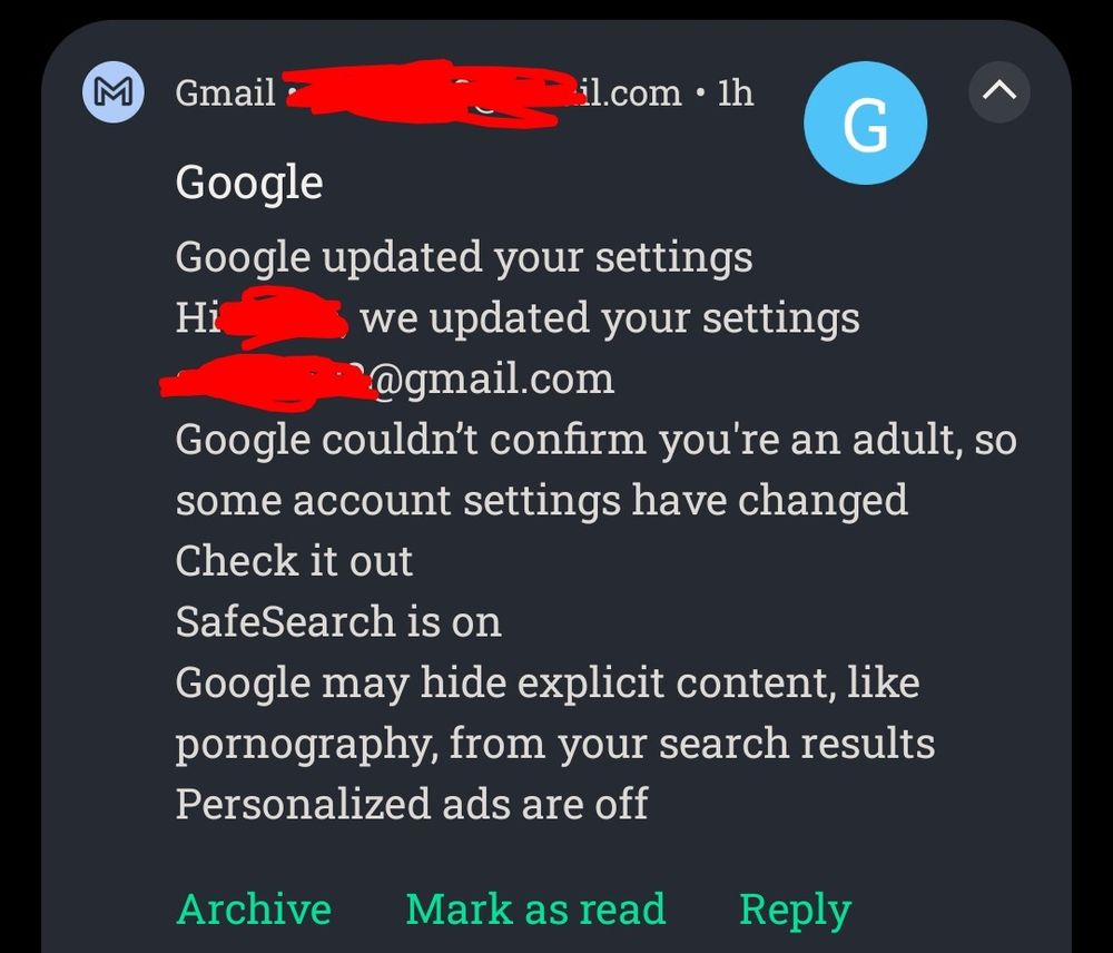 An email from google telling me they can't confirm I'm an adult so they turned safesearch on and will hide explicit content from me
