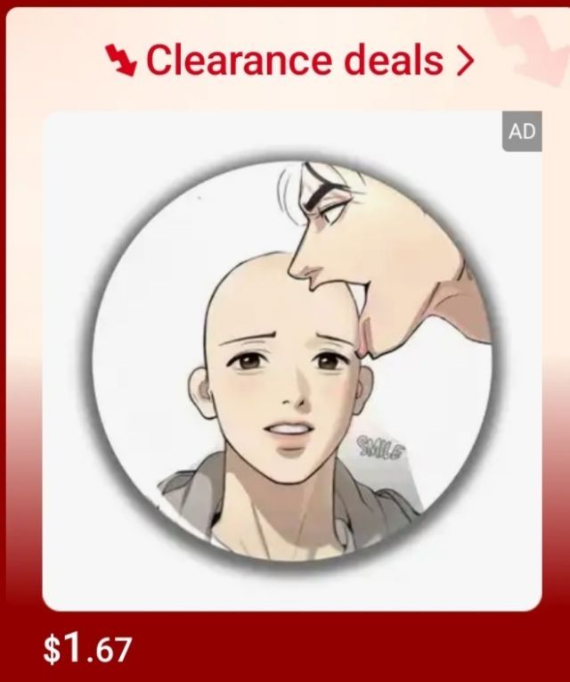 Ad for a pin with an edited picture of Jaekyung eating bald Kim Dan's head