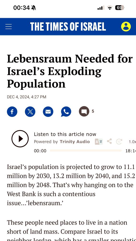 Screenshot from the website Times of Israel with a blog whose headline reads “Lebensraum Needed for Israel's Exploding Population”