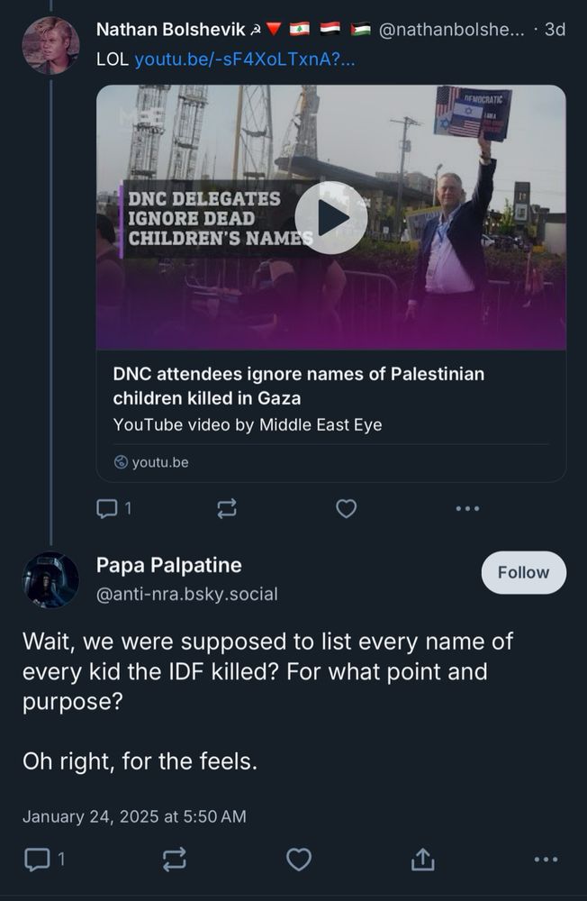 Screenshot of a lib not giving a shit about the suffering of human beings at the hands of the zionazis