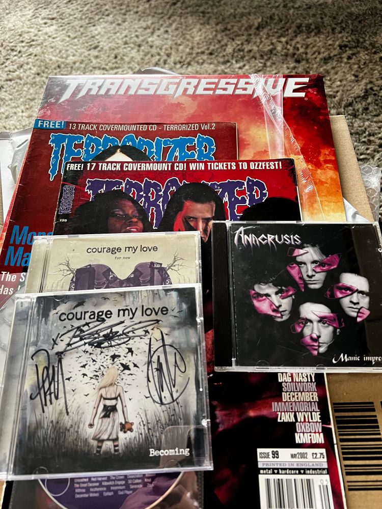 Transgressive vinyl 
Two back issues of Terrorizer (issues 65 and 99)
Anacrusis Manic Impressions CD (UK first press)
Courage My Love - two CDs (Becoming and For Now - Becoming may be signed but they are unverified) 