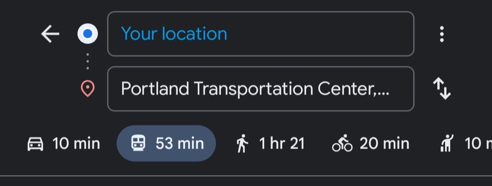 Google maps screenshot showing a route 10 minutes by car, 53 minutes by bus.