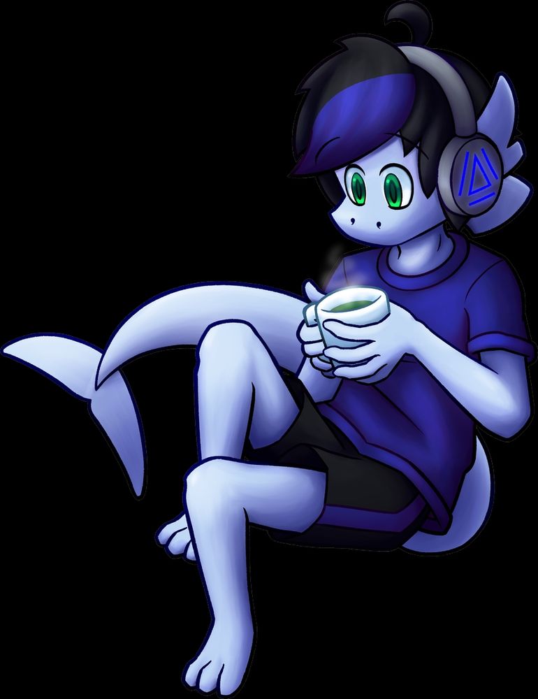 Anthropomorphic dolphin wearing headphones sitting drinking hot green tea.