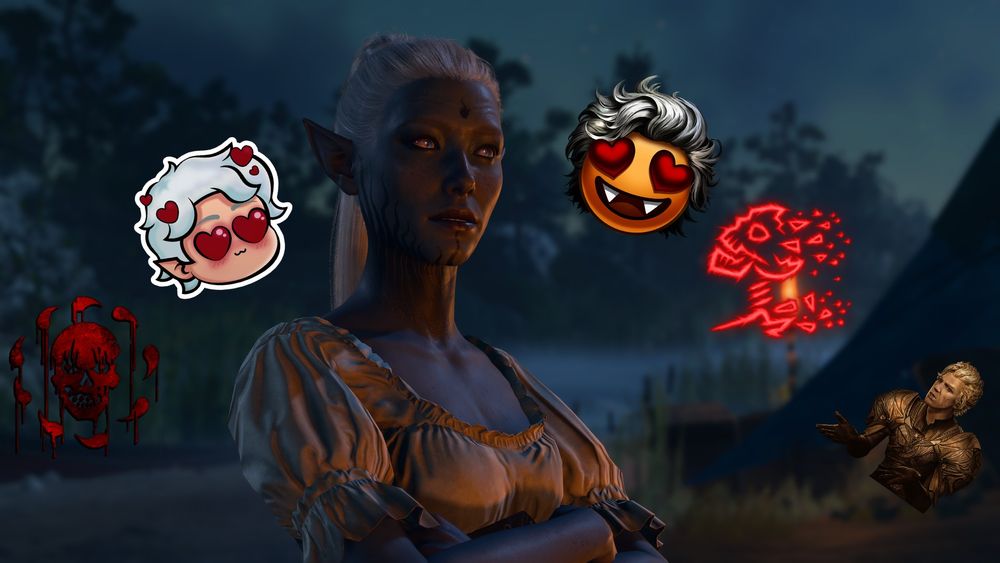 A screenshot of a drow in BG3 surronded by Astarion stickers.
