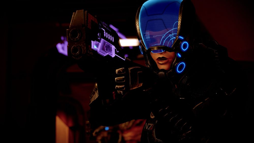 A screencap of Shepard holding a gun in ME2