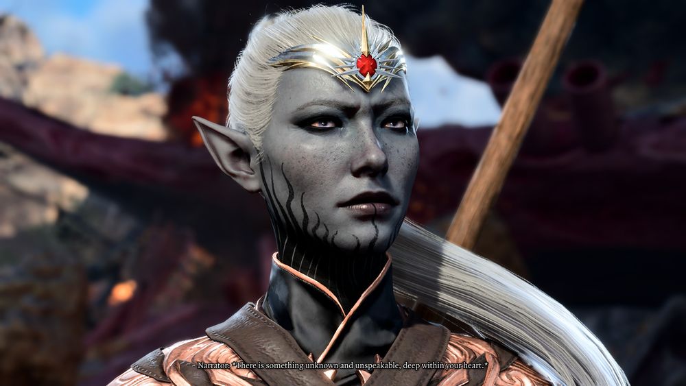 A screenshot of a players The Dark Urge in Baldur's Gate 3. A female drow with light purple eyes.