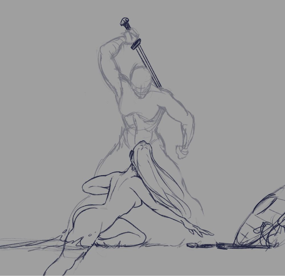 A sketch of two women in combat. One woman has been surprised and is reaching for her sword and shield, splashing out of a body of water. The other is about to slash downwards with her sword.