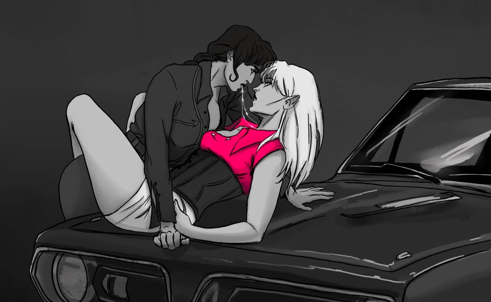 A mostly black and white illustration of two women pressed against the hood of a muscle car. Ofelia (black hair) has pushed Liska (white hair) on top of the hood of the car. They stare gayly and longingly into each other’s eyes. Ofelia has captured Liska’s cross necklace between her lips.