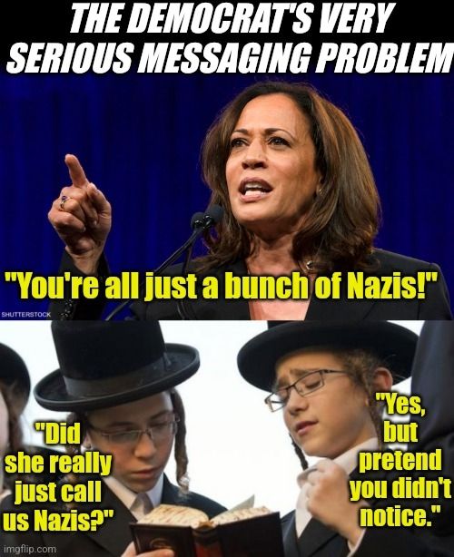 Picture of Kamala Harris saying "you're all a bunch of Nazis" with two young Jewish kids responding "did she really just call us Nazis?" "Yes, but pretend you didn't notice." 