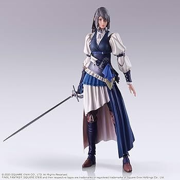 Silver haired woman in long blue and white dress with boots holds a sword.