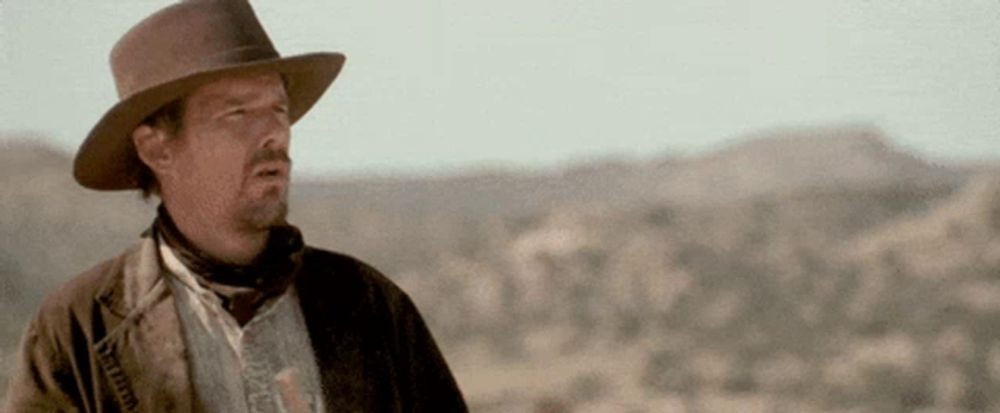 a man in a cowboy hat is standing in the desert looking at something .