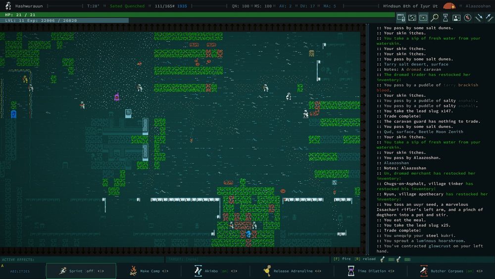 Caves of Qud screen showing event log of my skin itching