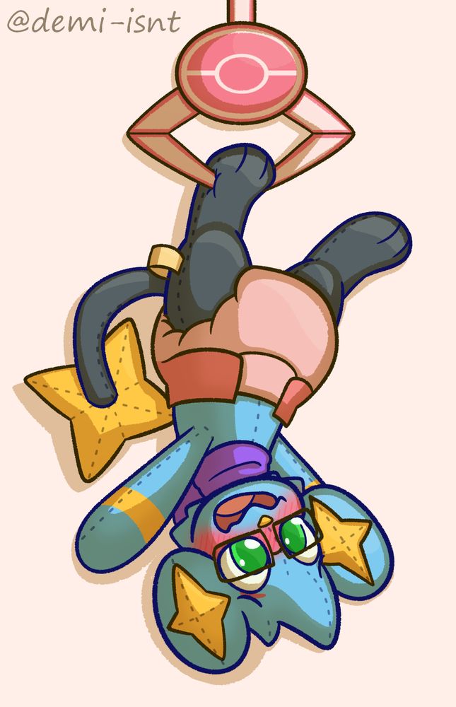 drawing of a diapered shinx plush hanging by a back paw from a claw from a claw machine game