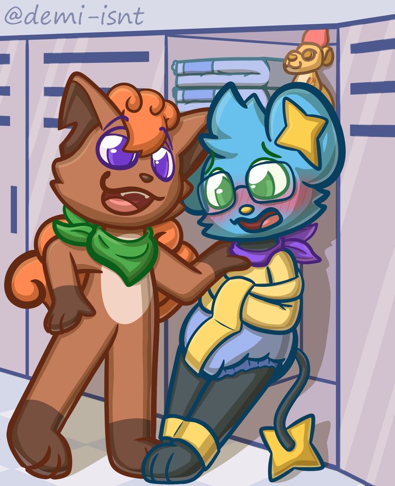 fullbody drawing of a diapered shinx wearing a straitjacket getting gently pushed into a school locker by a smug vulpix
