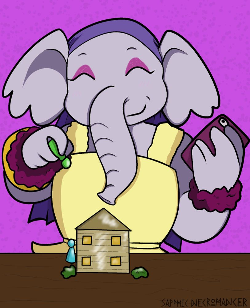 a purple elephant sonic OC with glass figures and a smartphone 